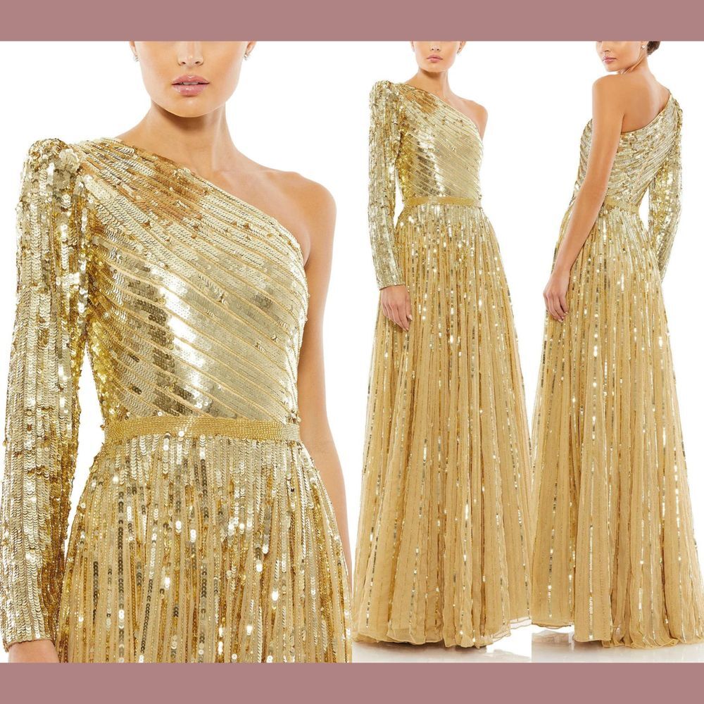 NWT $698 Mac Duggal [ 4 ] 5508 Sequin One‎ Shoulder A Line Gown in Gold #Q838